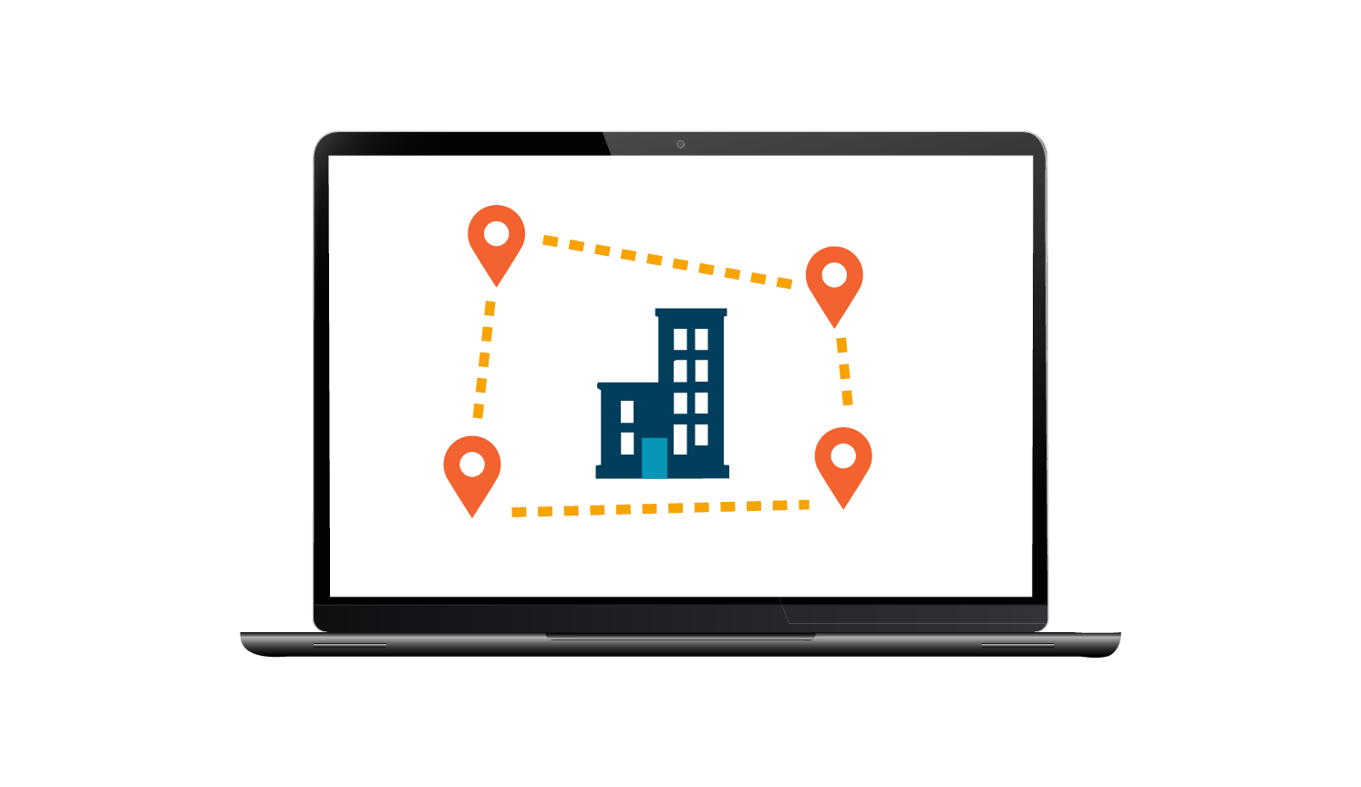 laptop with simplified graphic showing office building with mapped area around it